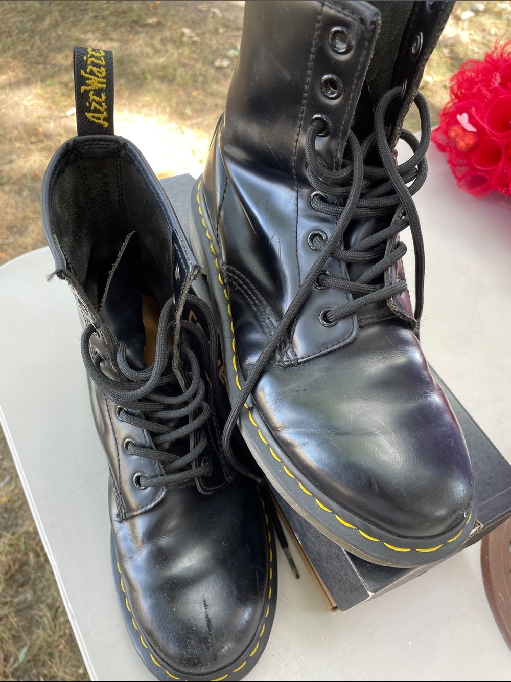 Dr. Martens Black Leather 8-Eye Lace-Up Boots with Yellow Stitching